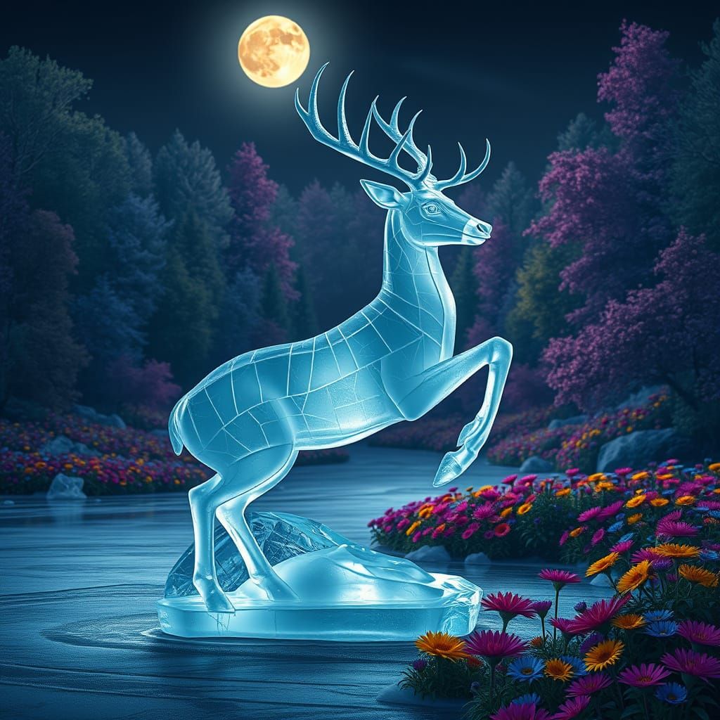 Deer Ice Sculpture in Ethereal Forest Scene