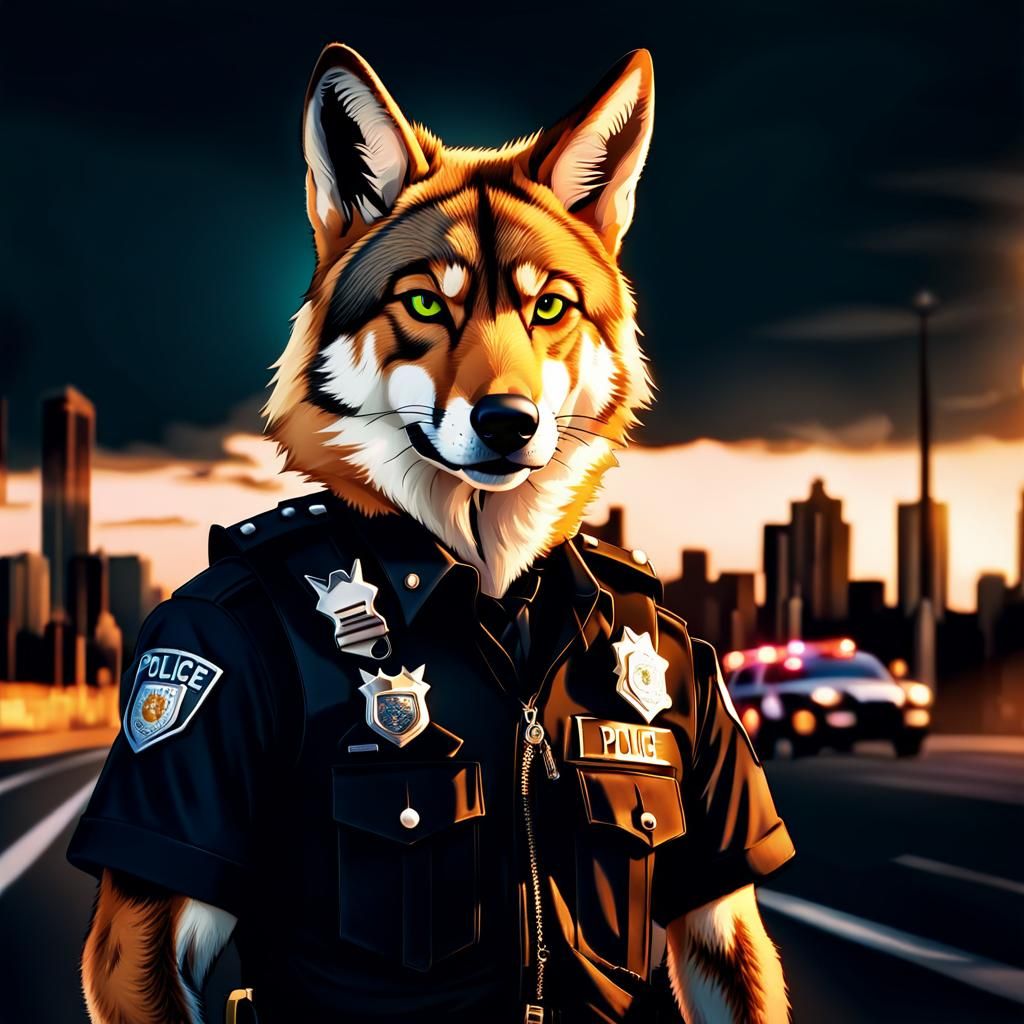Police Furry Anthro Coyote in Sunset Cityscape