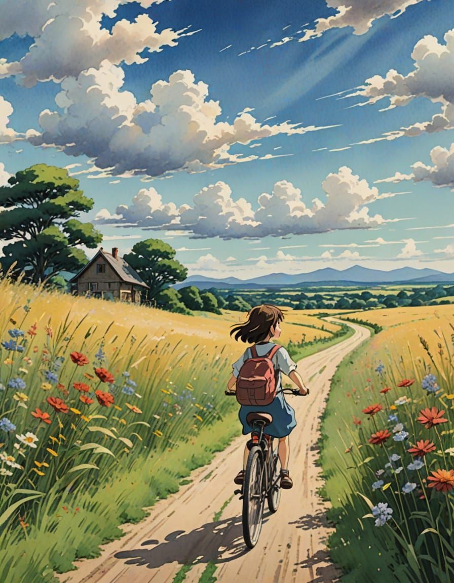 Anime Girl Cycling Through Breathtaking Landscape