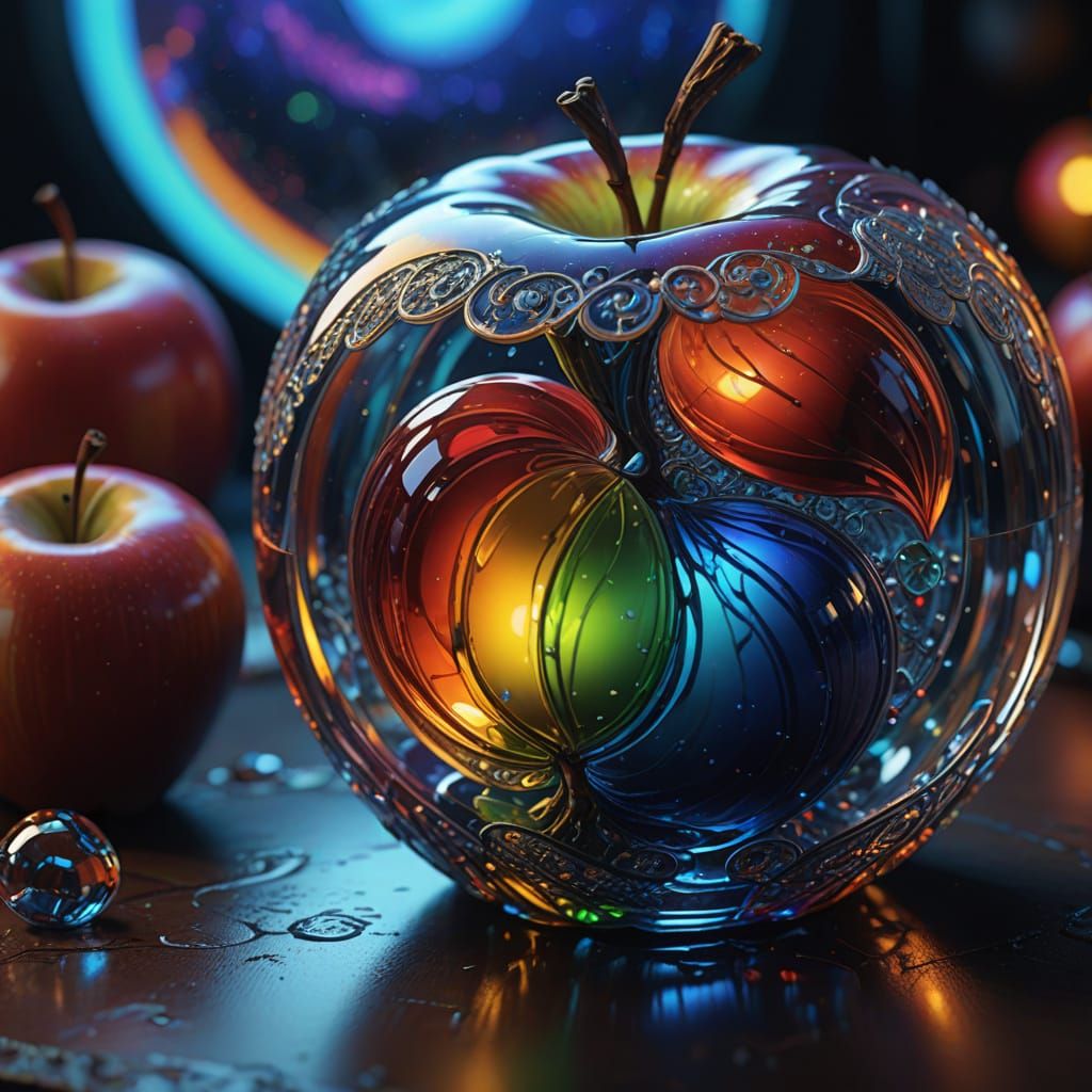 Surreal Glass Apple Radiates Inner Light in Deep Blue Hues