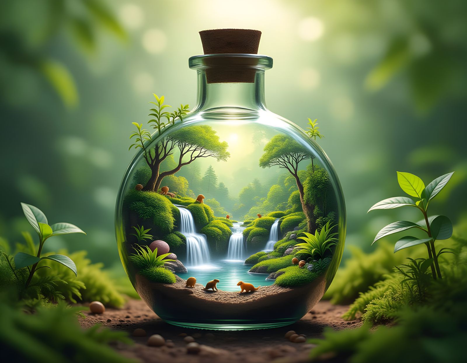 Miniature Ecosystem Inside Glass Bottle Illustration
