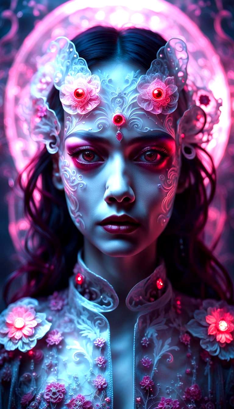 Translucent Cyberpunk Geisha with Baroque Floral Pattern