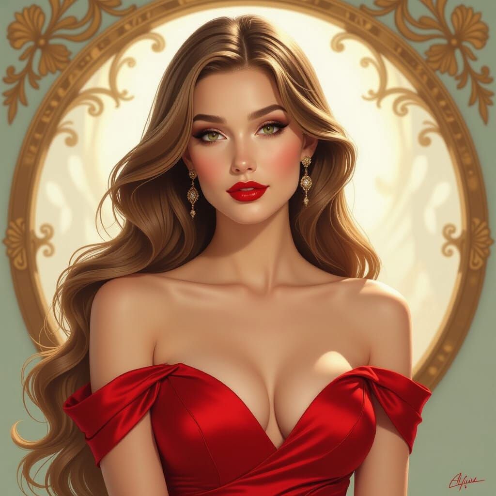 Elegant Woman in Red Dress, Hyperrealistic Art