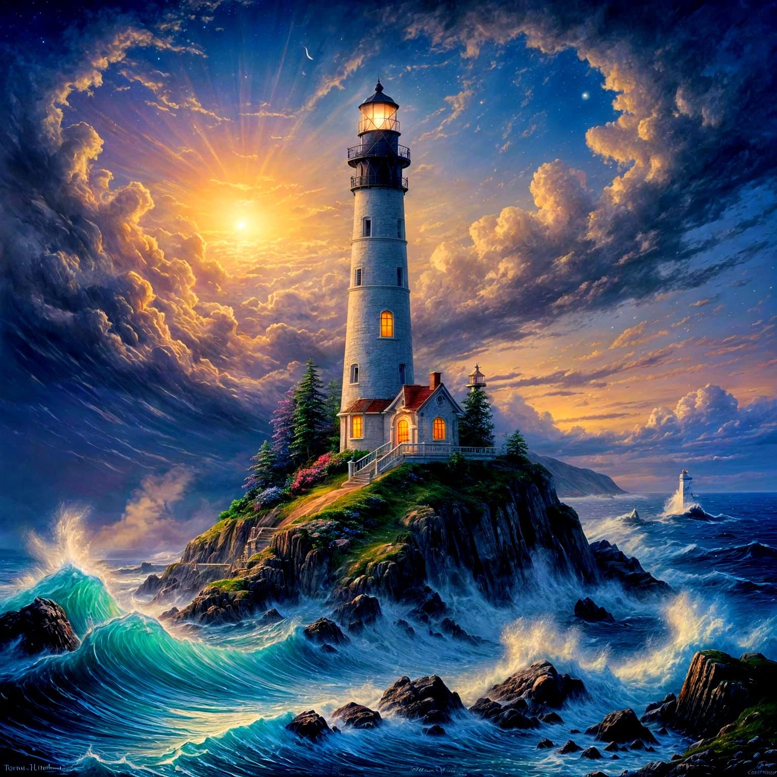 Ethereal Lighthouse Overlooking Ocean at Night