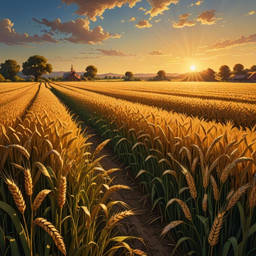 Golden Wheat Field at Sunset, in Vibrant Impressionist Style