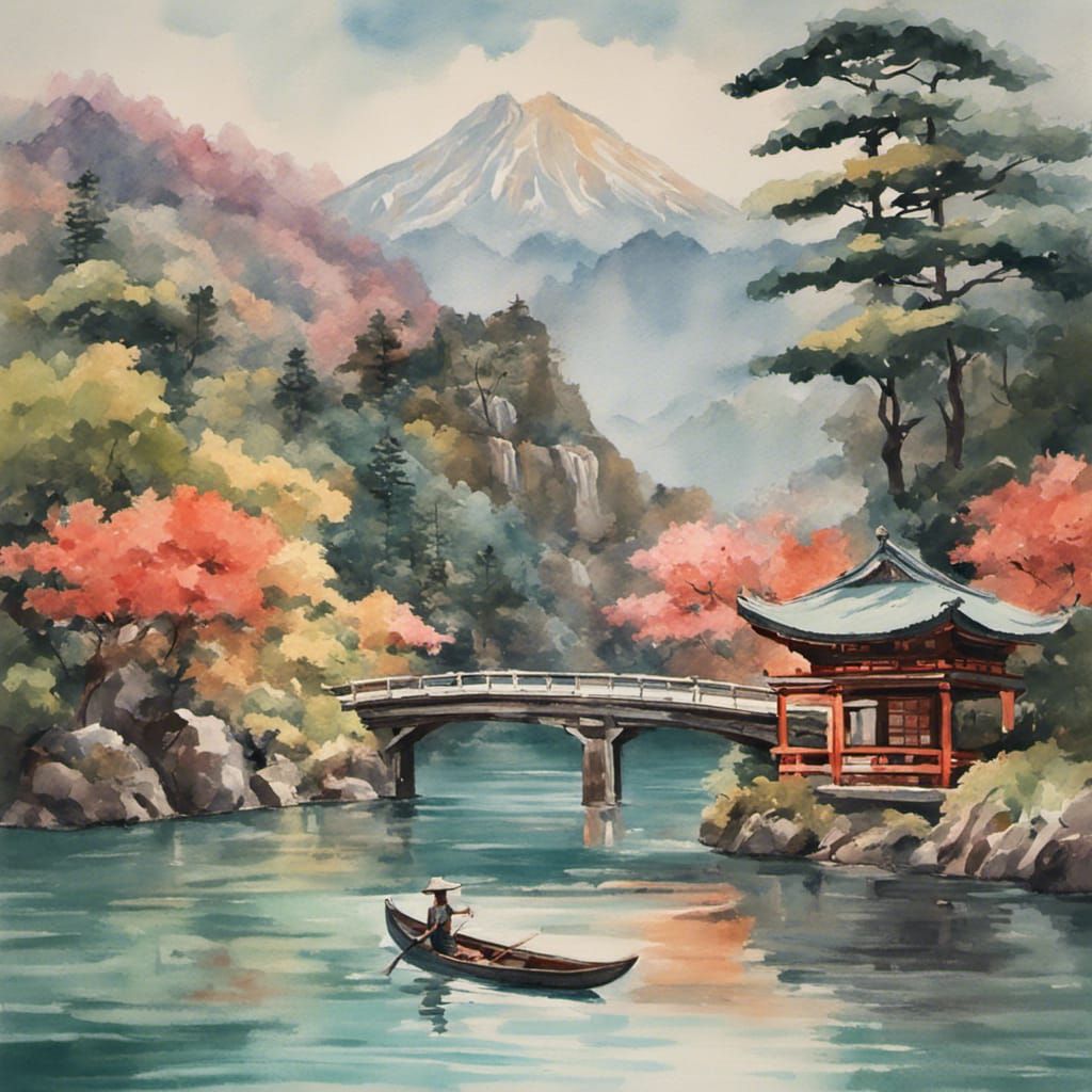 Japanese Temple by Waterfall in Gouache Style