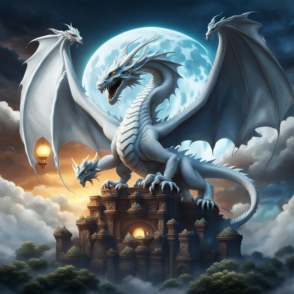 Majestic White Dragon Protecting Eggs, Fantasy Art
