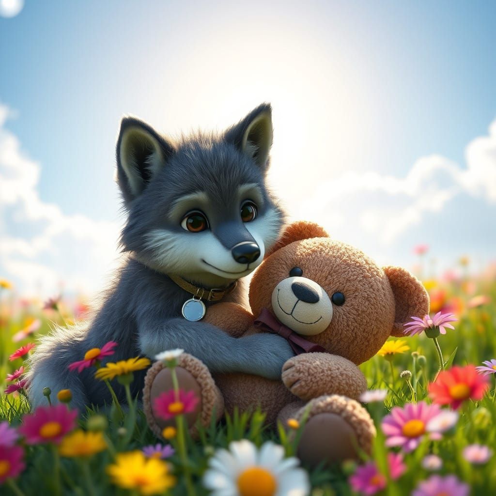 Cuddly Gray Wolf Cub Plays with Worn Teddy Bear in Vibrant M...