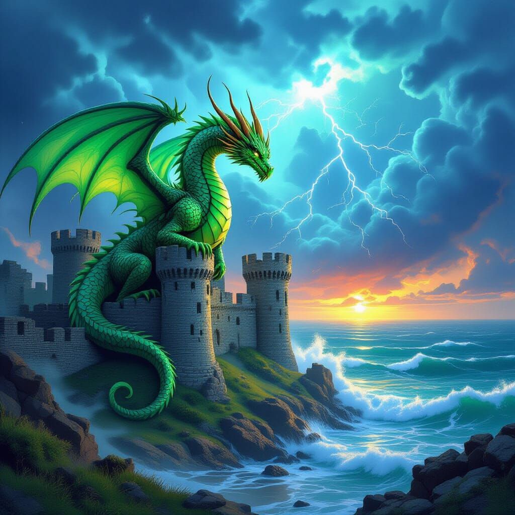 Green Dragon Guards Castle Ruins on Stormy Coast
