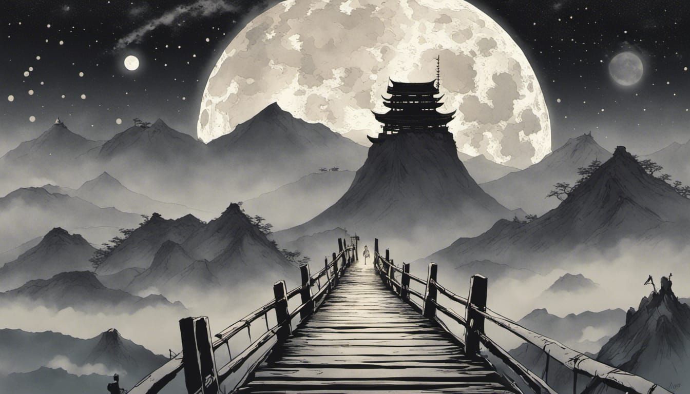 Japanese Warrior Crossing Bridge Under Galactic Moon