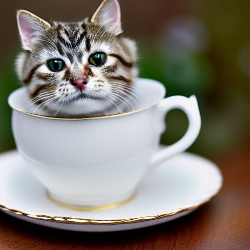 Cute Fluffy Tabby Cat in Decorated Teacup