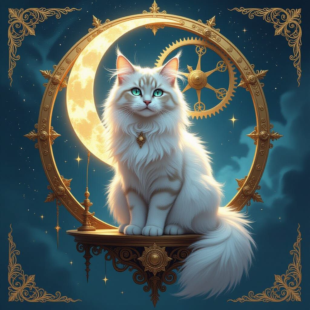 Majestic Moonlight Cat on Celestial Clockwork