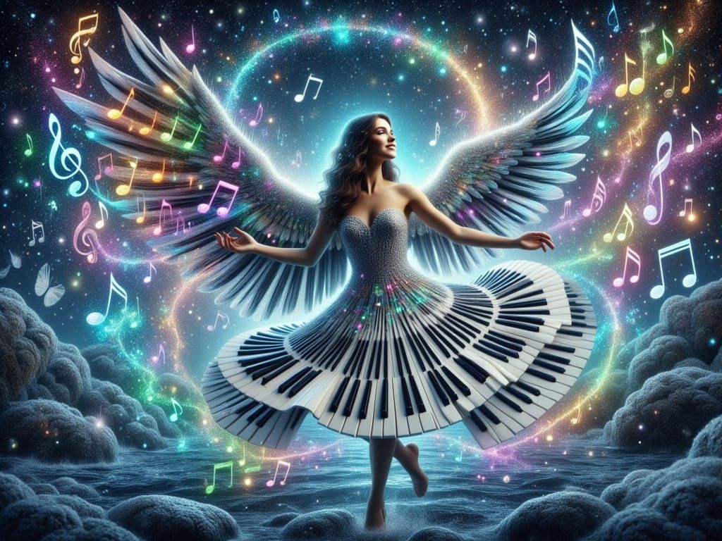 Angel in Piano Dress Over Musical Ocean