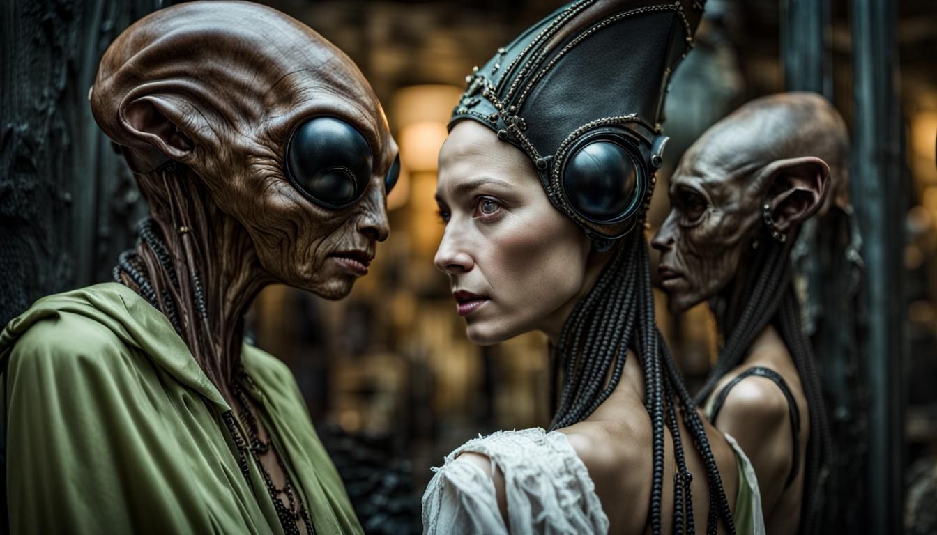 Surreal Restaurant Scene with Beautiful Extraterrestrial Ali...