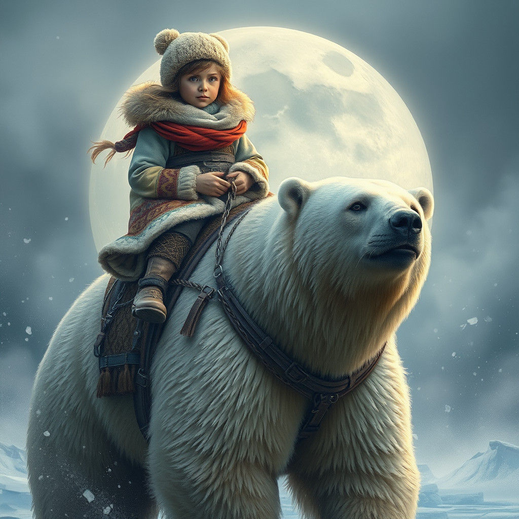 Girl on Polar Bear in Arctic Storm