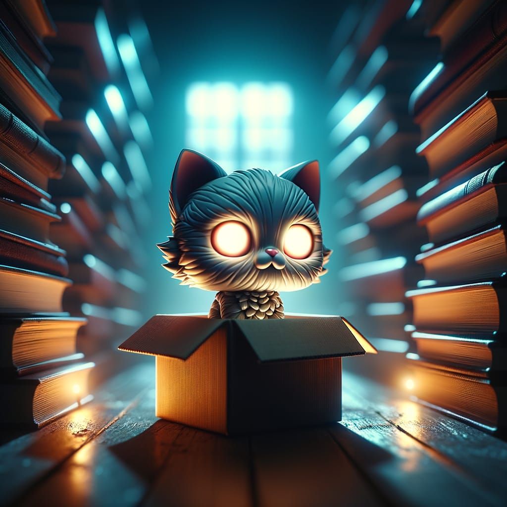 Undead Kitten in Box Surrounded by Books