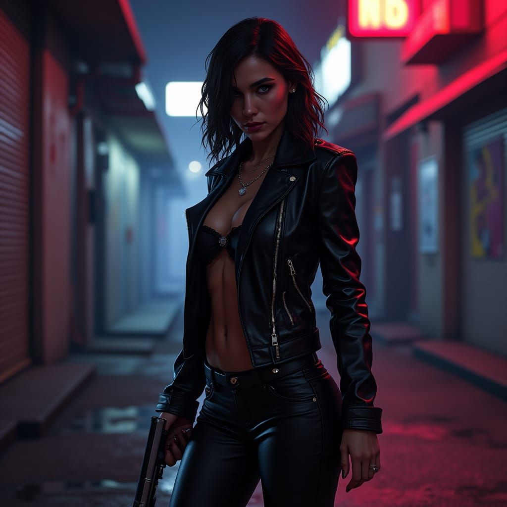 Gangster Woman Poses in Neon LA Alleyway, GTA 5 Style