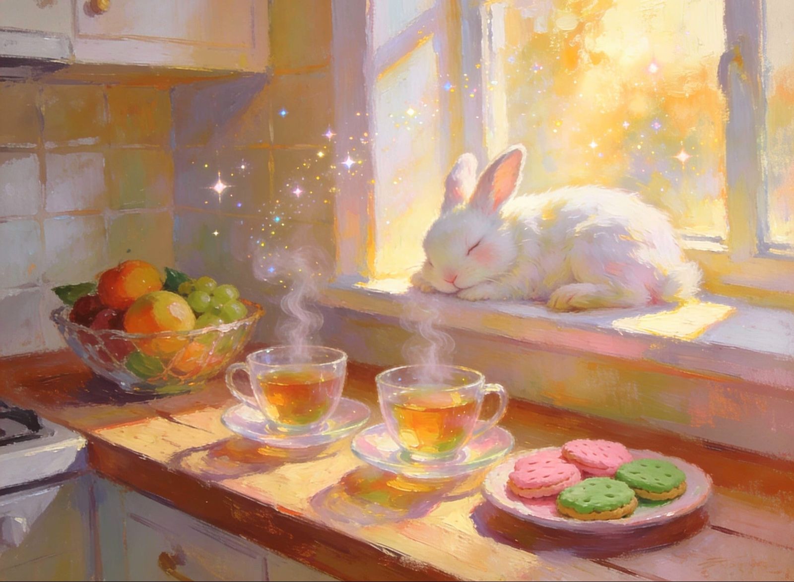 Serene Kitchen Scene in Impressionist Impasto Style