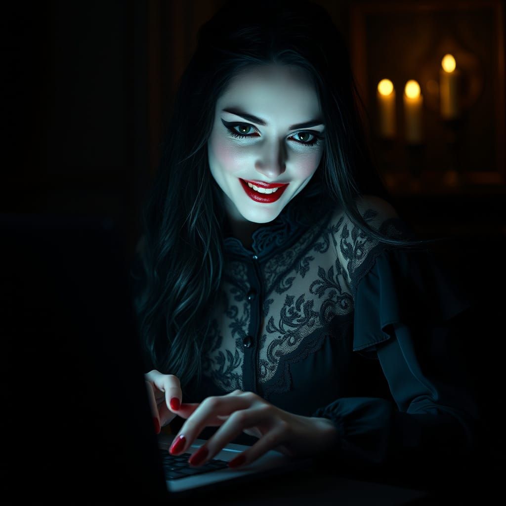 Ethereal Vampire Woman in Dimly Lit Chamber