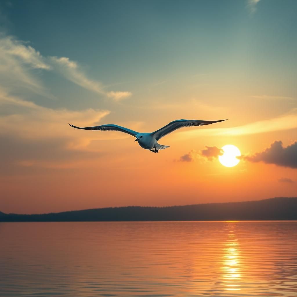 Seagull Soaring at Sunset in Hyper Impressionism