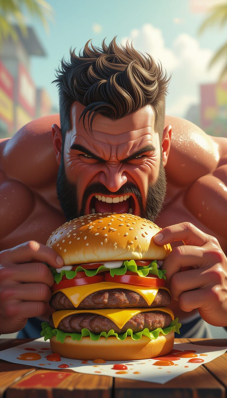 Colossal Man Devours Giant Burger in Dramatic Splash Art