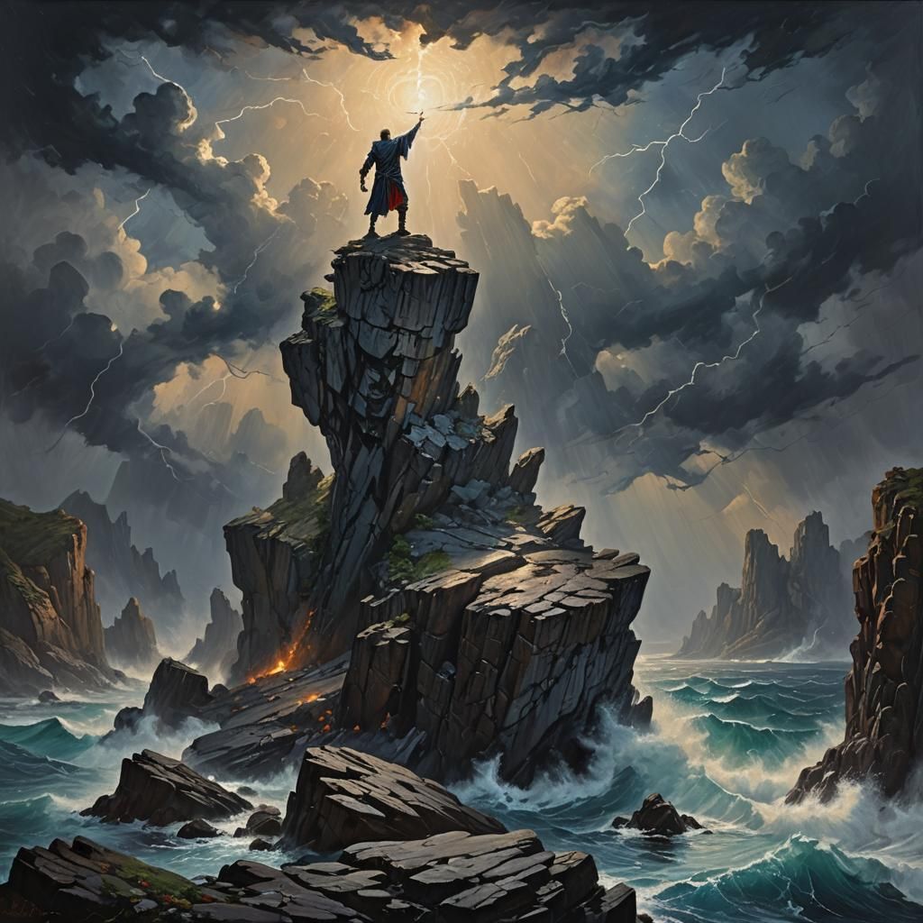 Epic Fantasy Figure Stands Against Stormy Sea