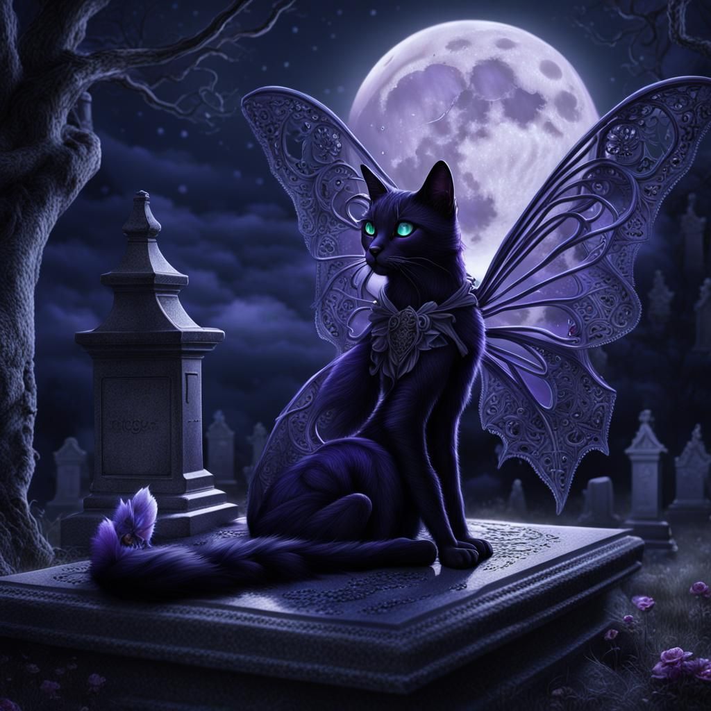 Goth Cat Fairy on Grave in Hyperrealistic Art
