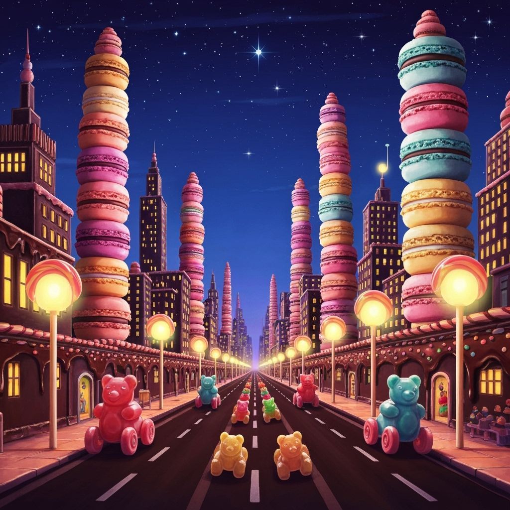 Macaron Cityscape at Night: Lollipop Lights & Chocolate Road...