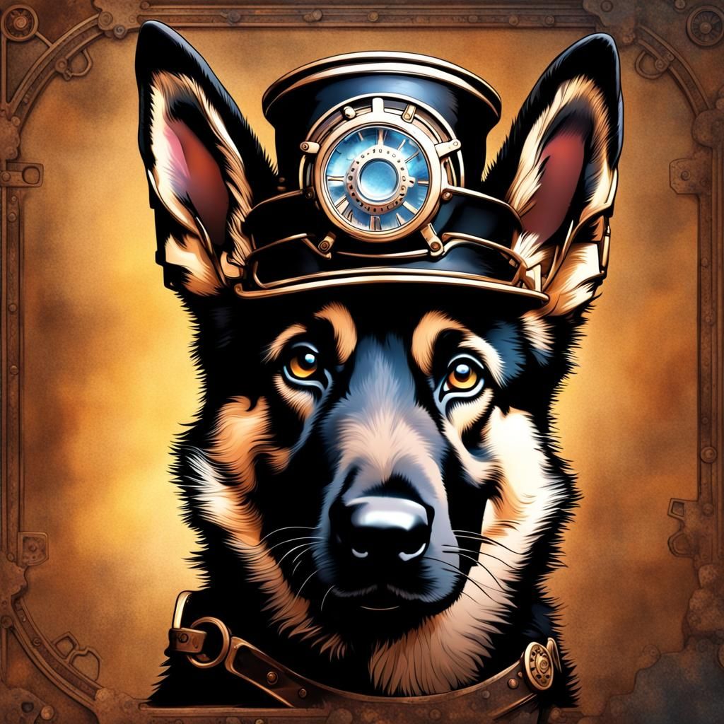 Steampunk German Shepherd Puppy in Hyperrealistic Style