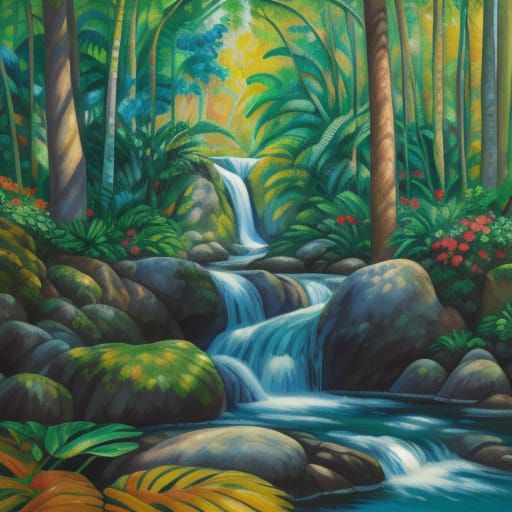 Fauvist Waterfall Painting in Matisse Style