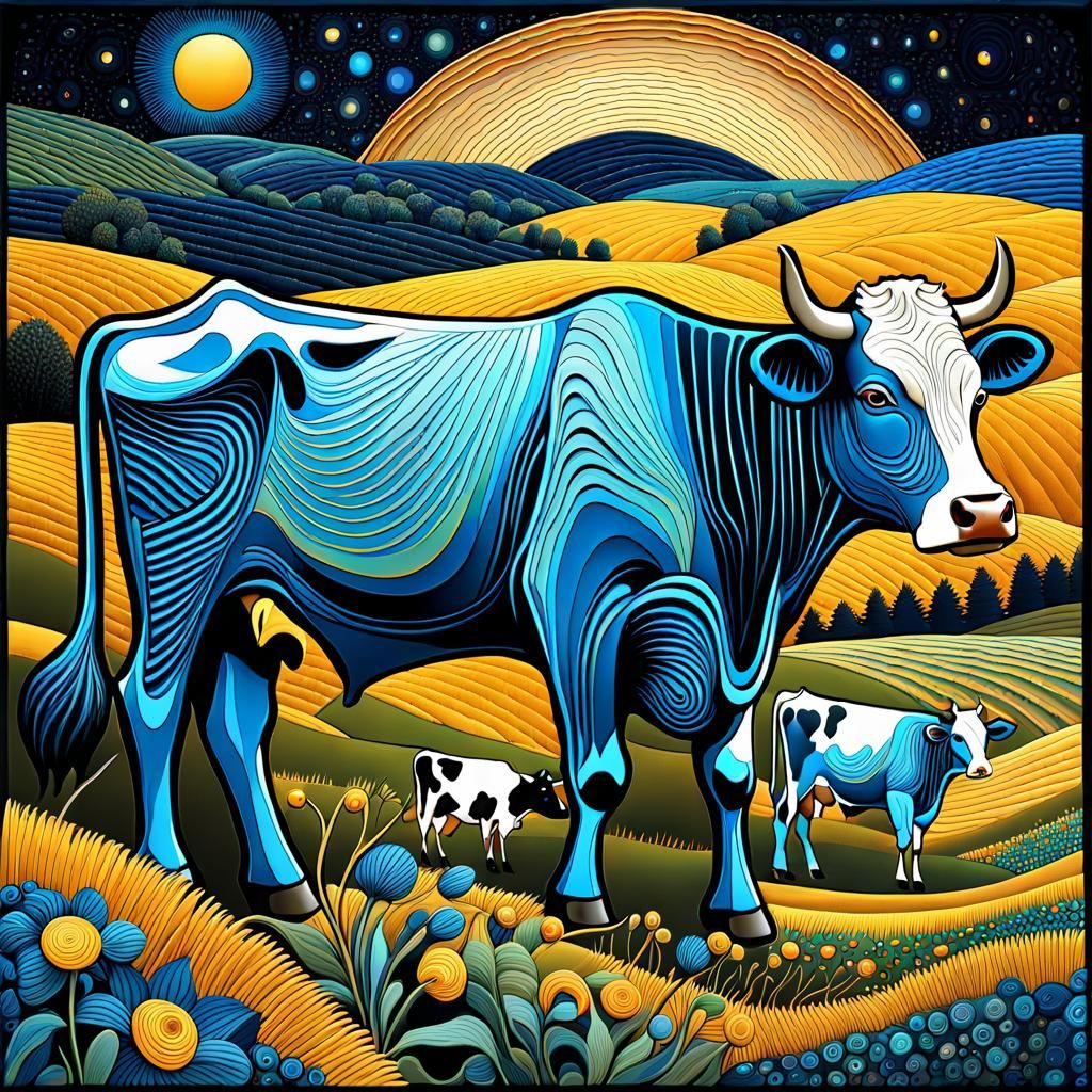 Hyperrealistic Cows on Farm Inspired by Klimt