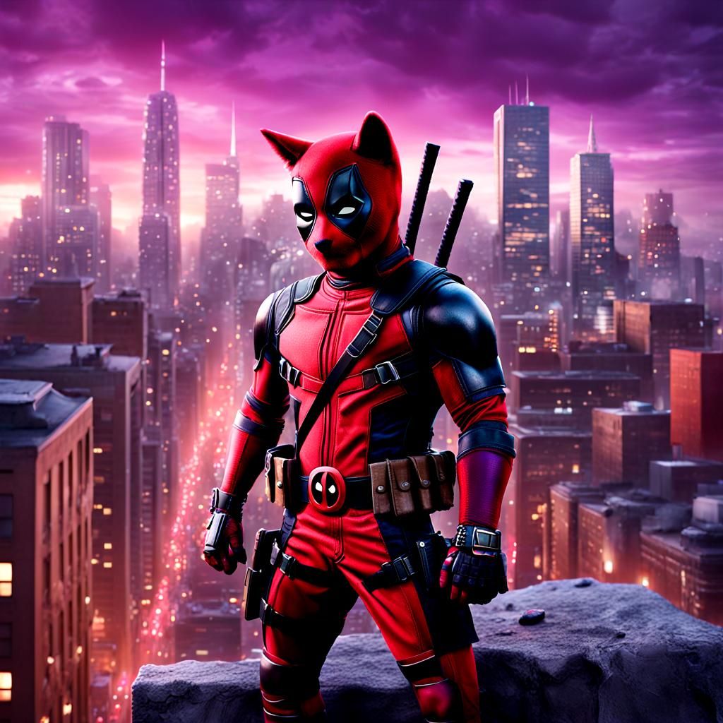 Heroic Cat as Deadpool in Metropolis Cityscape