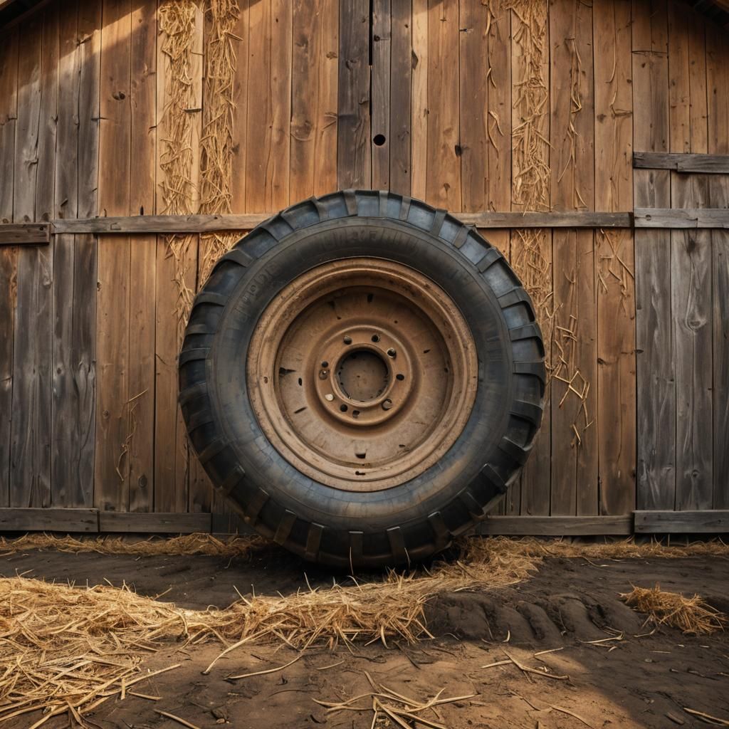 Gigantic Tractor Tire Against Barn Wall