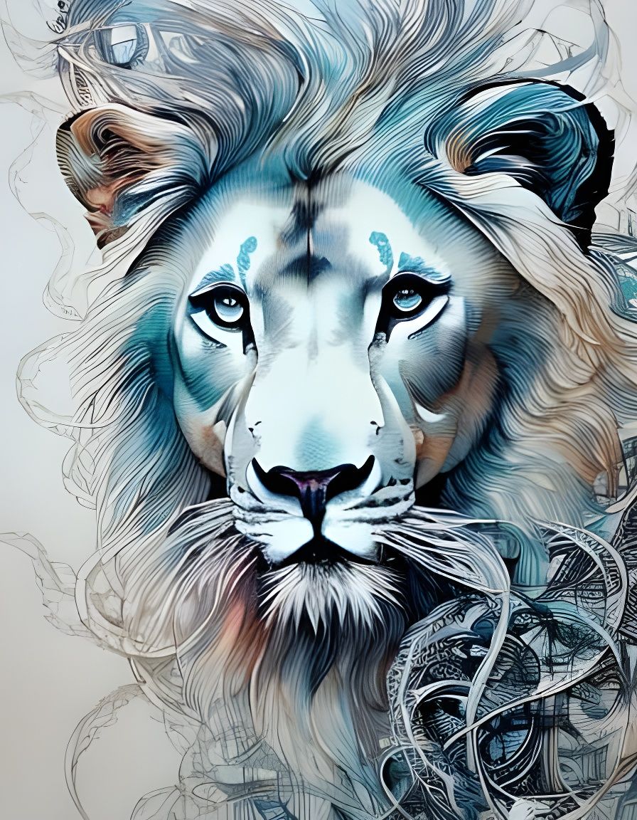 Fantastical White Lion in Ink Flow Art Style