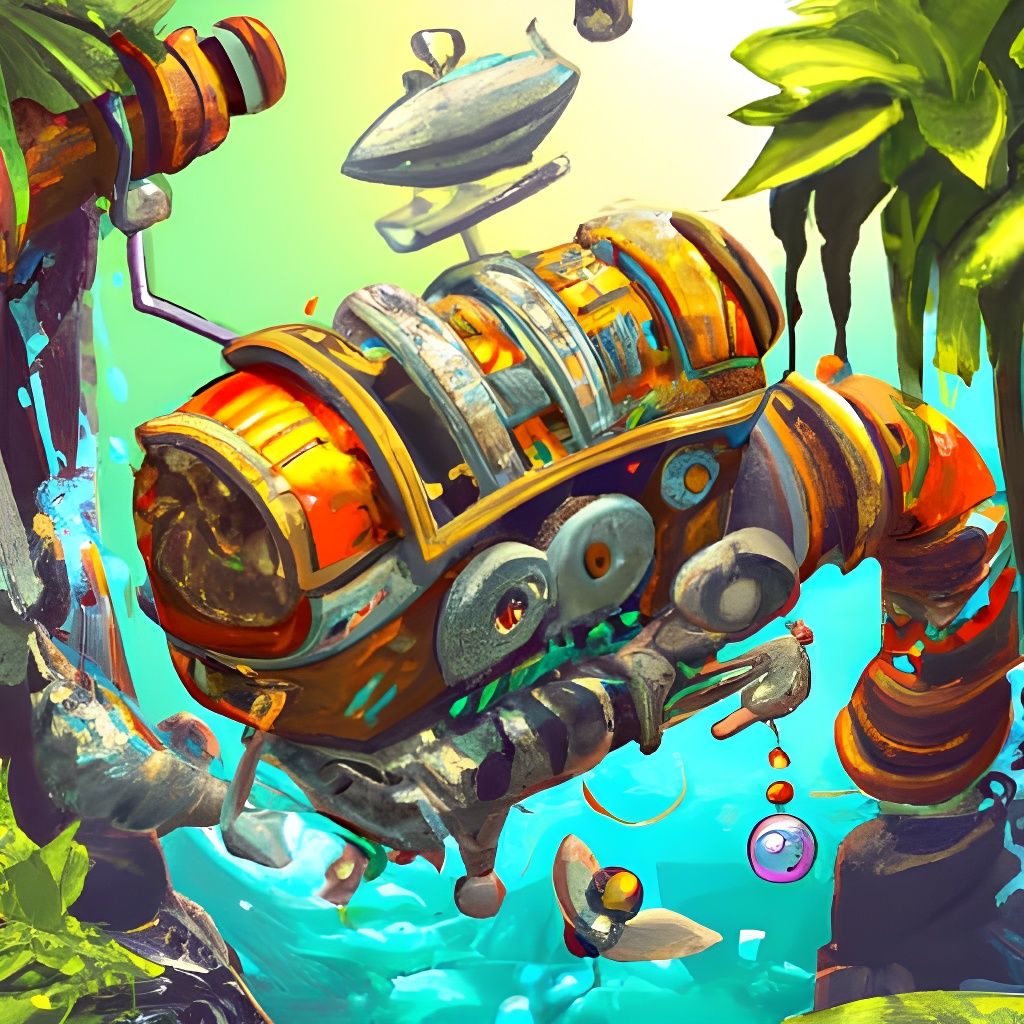 Crashed Spaceship in Jungle Waterfall: Cartoon Steampunk