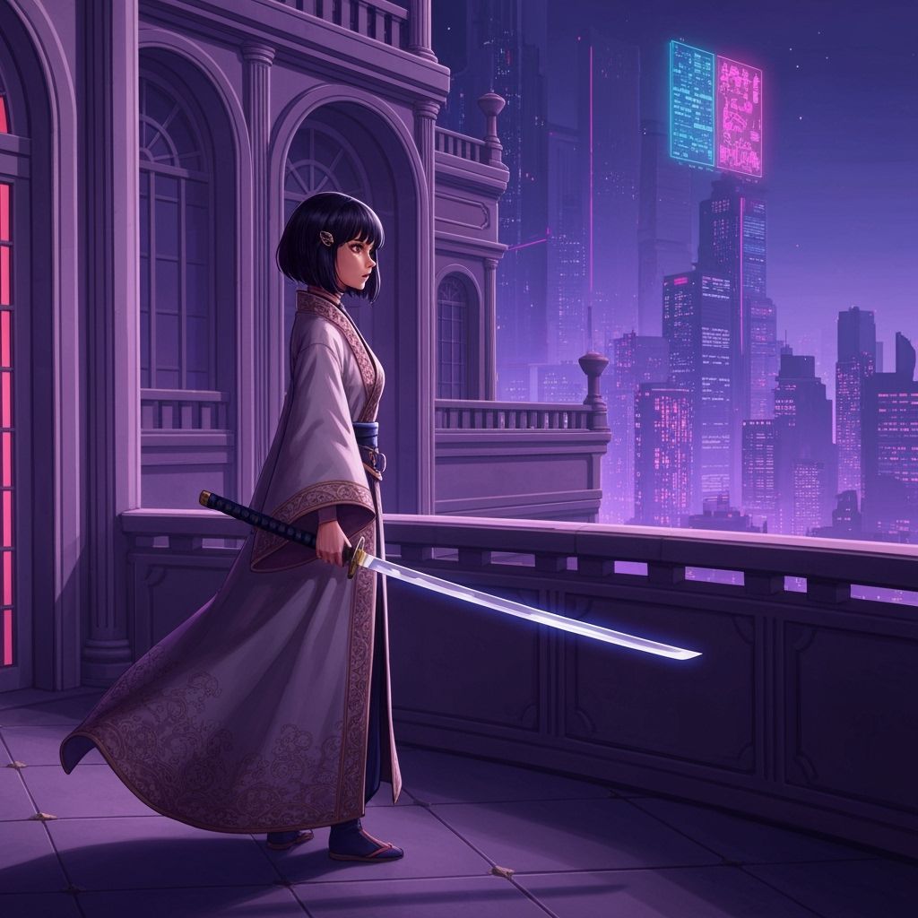 Woman in Robe with Katana Over Neon Cityscape
