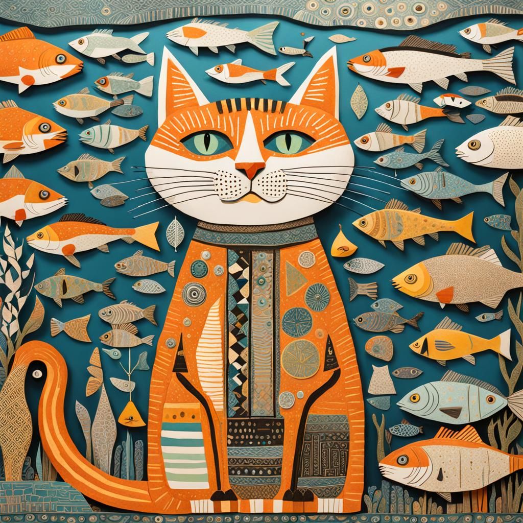 Cats Fishing: Whimsical 3D Folk Art