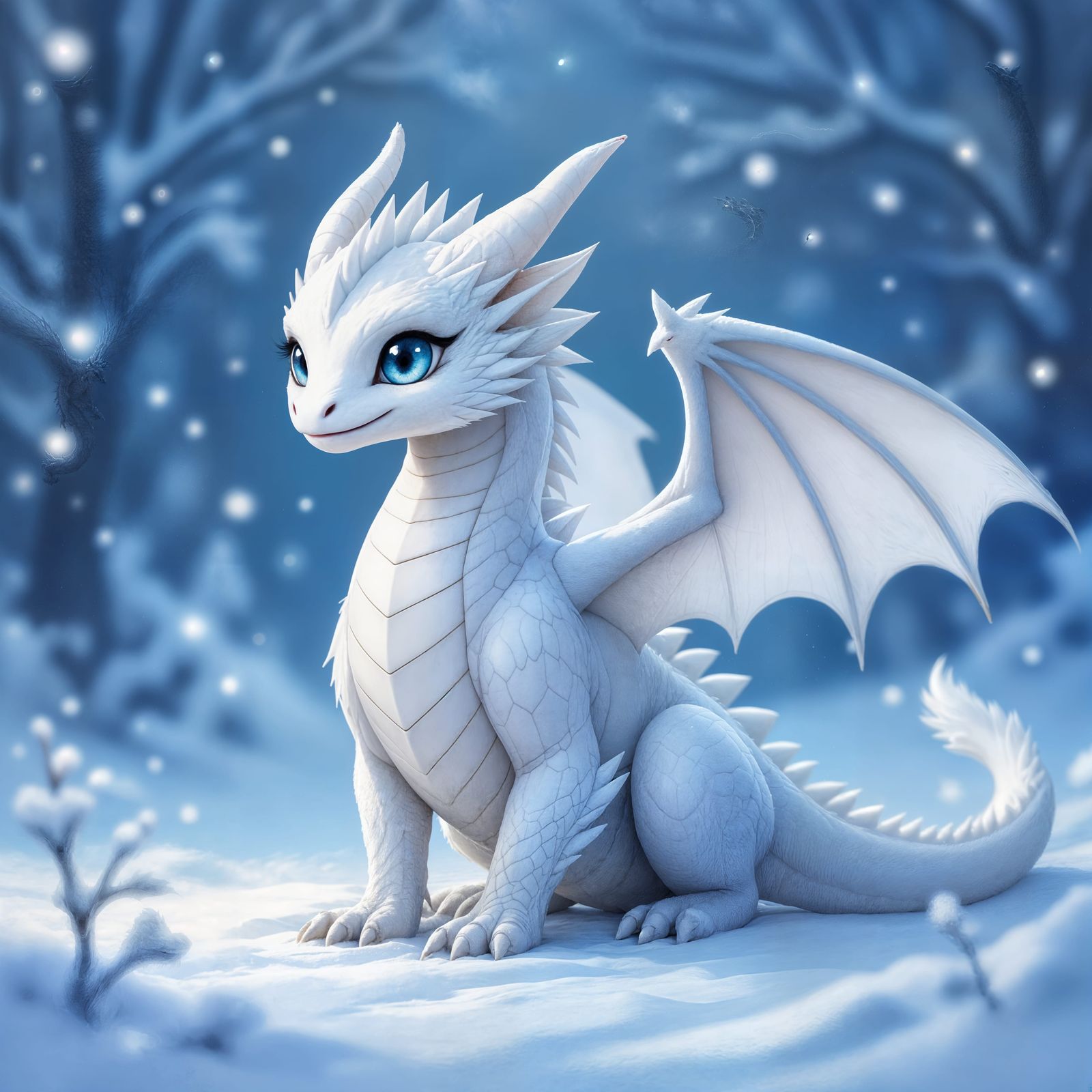 Young White Dragon in Winter Snowscape