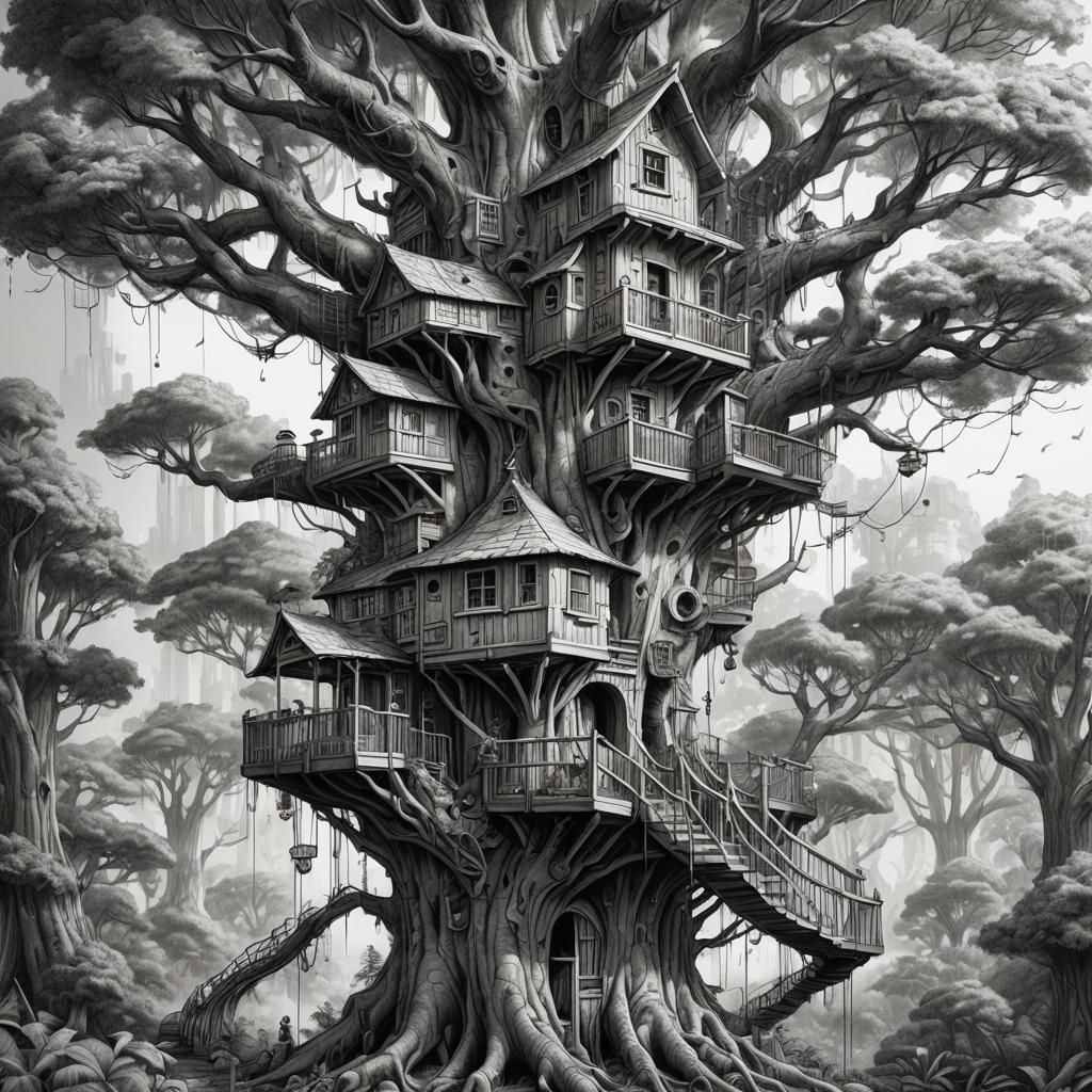Mystical Treehouse: Hyperdetailed Fantasy Sketch