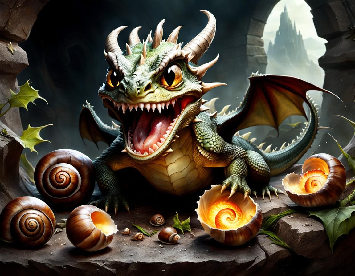 Fierce Baby Dragon's Snail Feast: Fantasy Art
