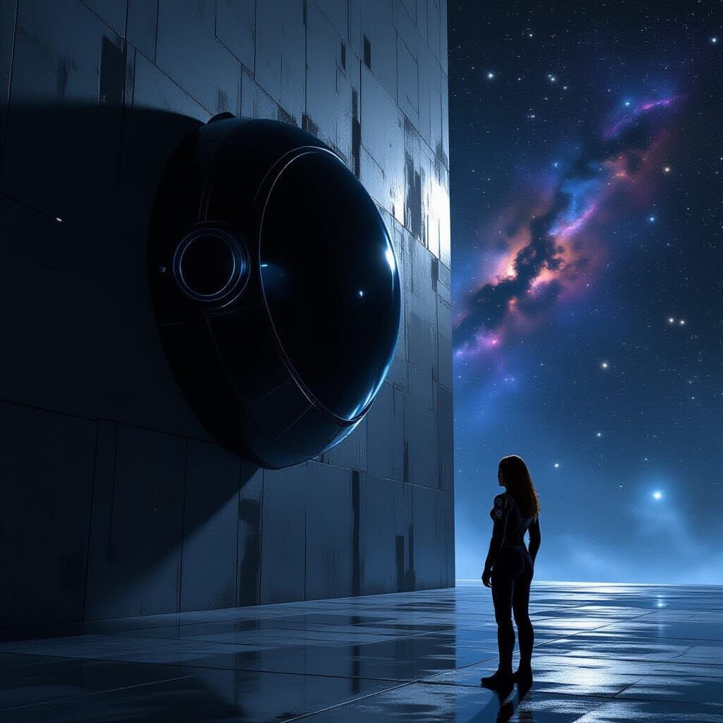 Girl Confronts Shadow Wall at Galaxy's Edge in Sci-Fi Art