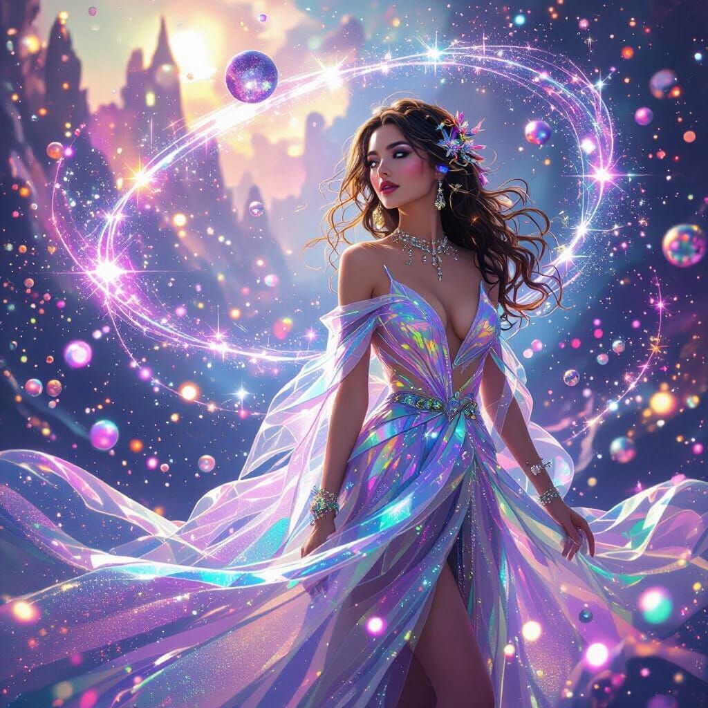 Celestial Woman in Iridescent Gown with Stardust