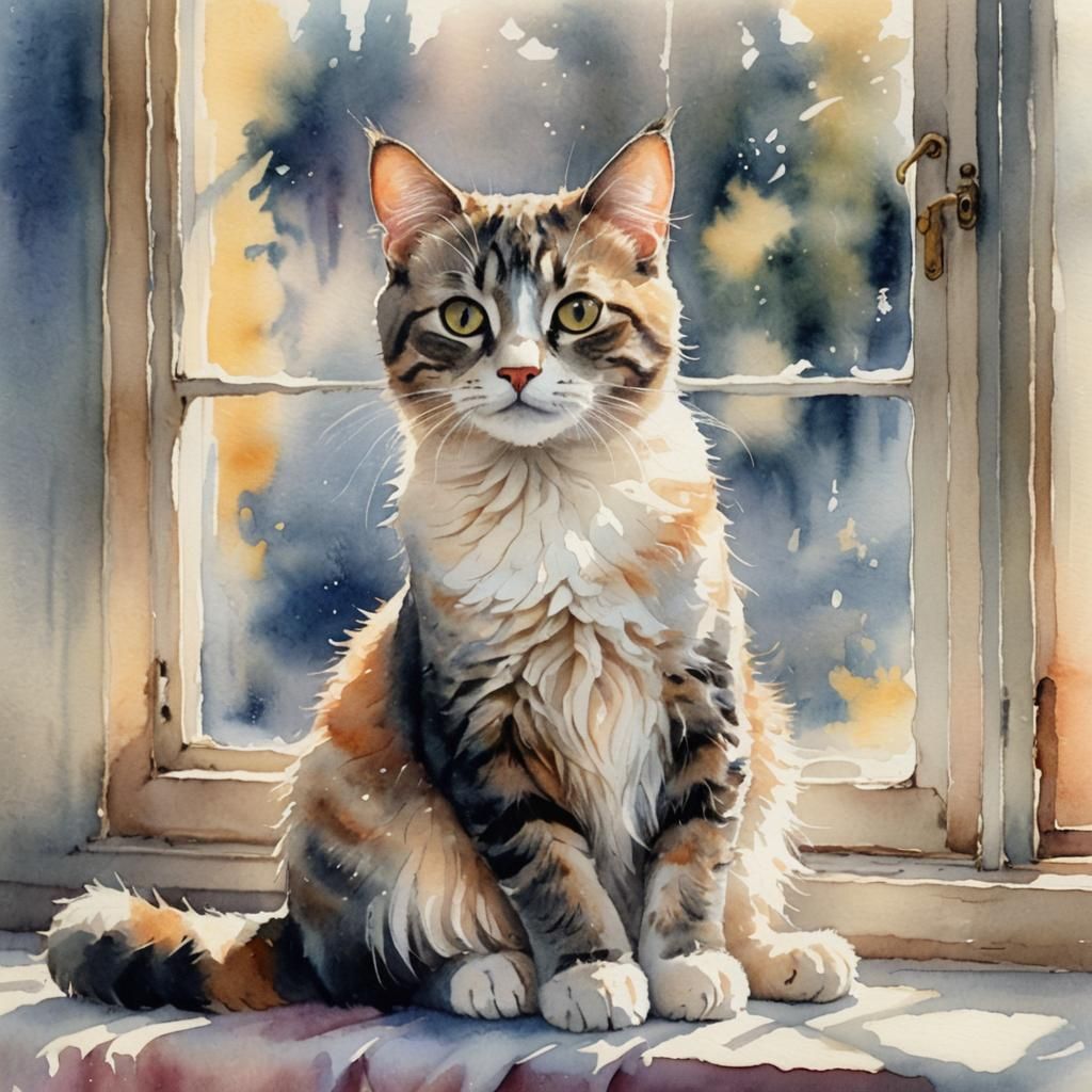 Watercolor Kitty Cat on Windowsill in Pastel Colors