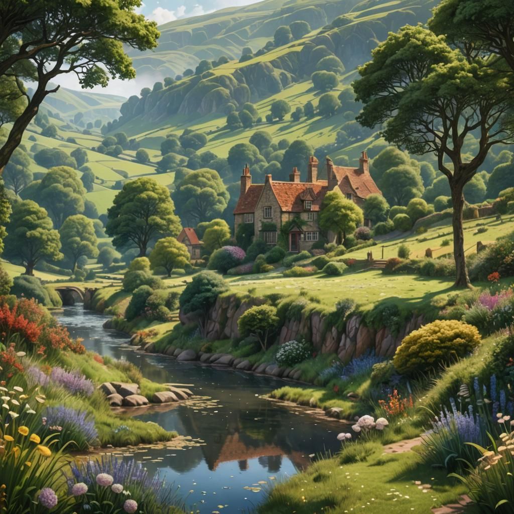 Tranquil English Landscape in Pointillism Style