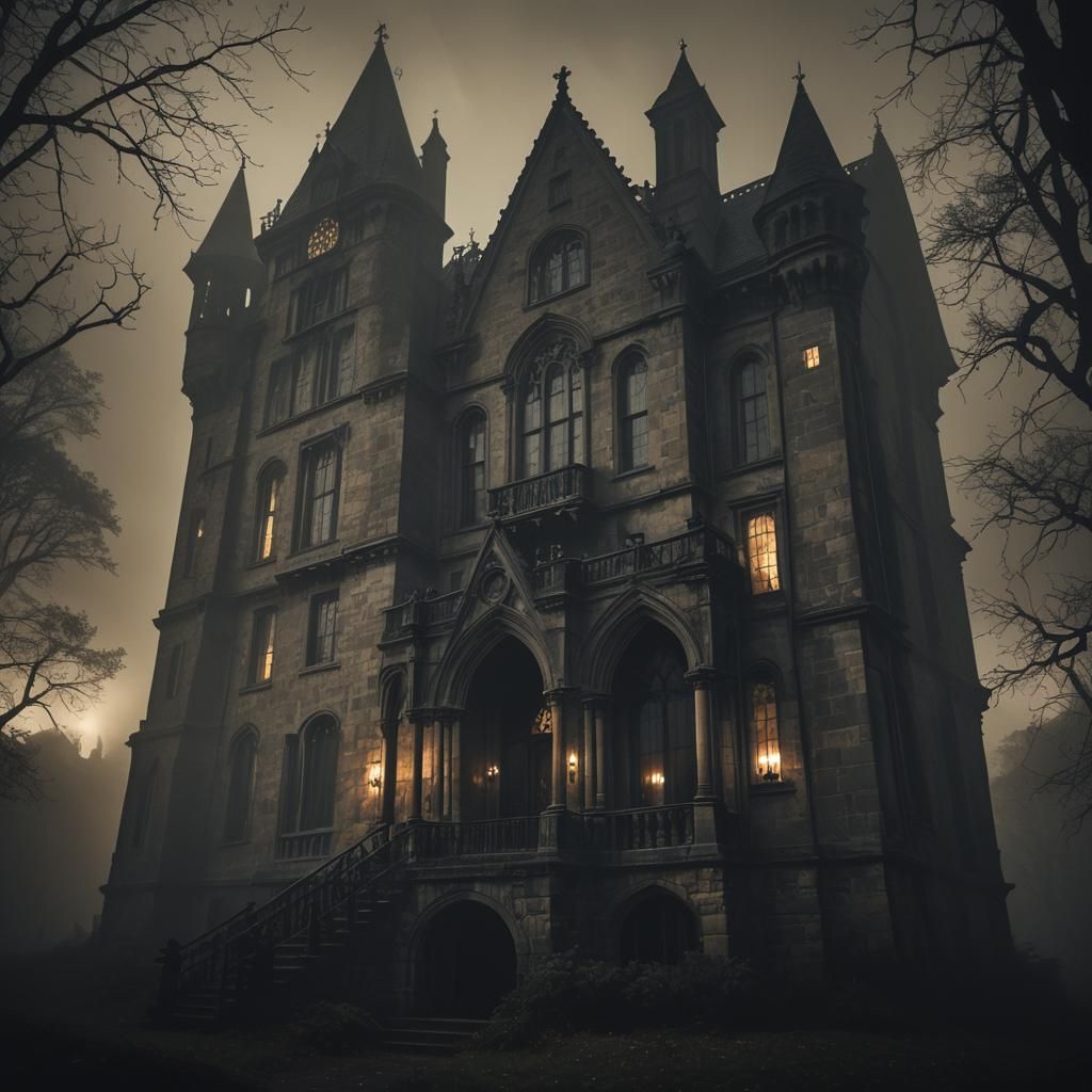 Eerie Gothic Mansion with Shadowy Figures
