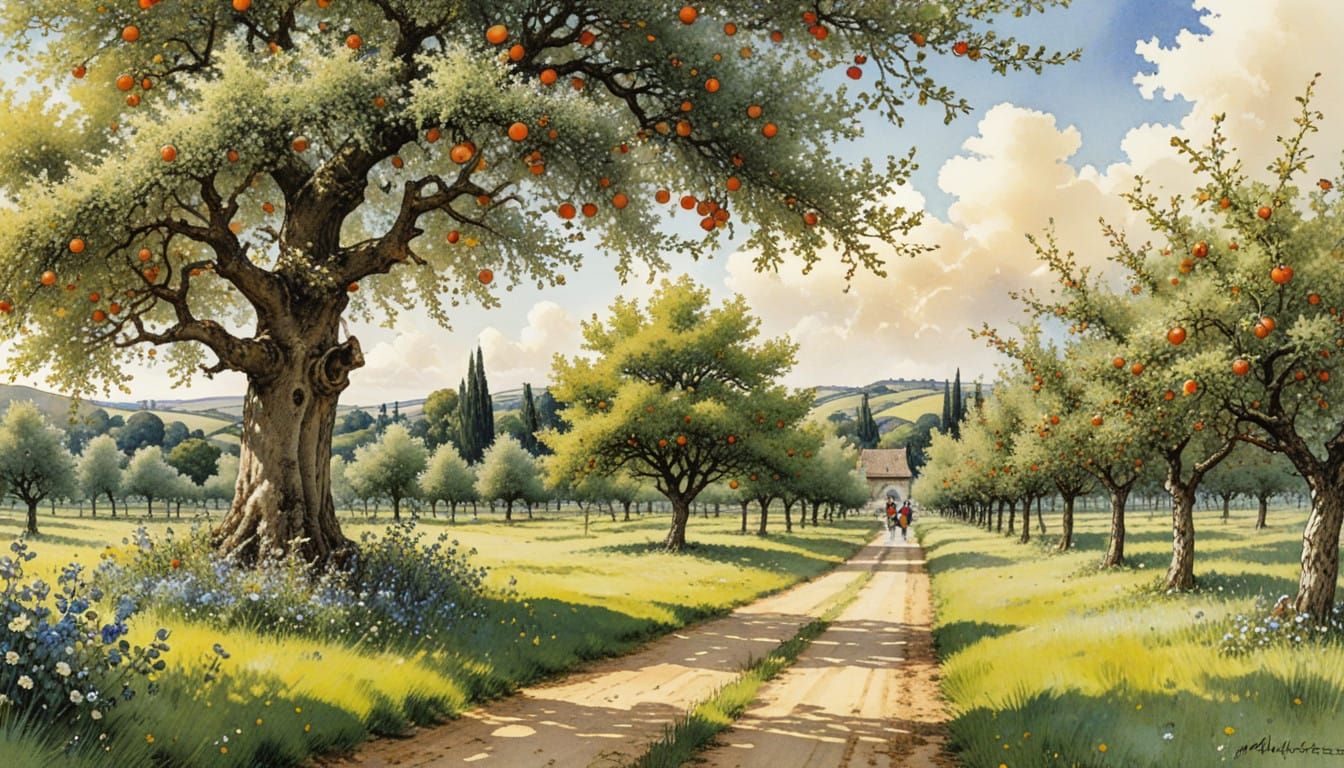 Vibrant Summer Orchard Scene in Whimsical Ink Splash Style