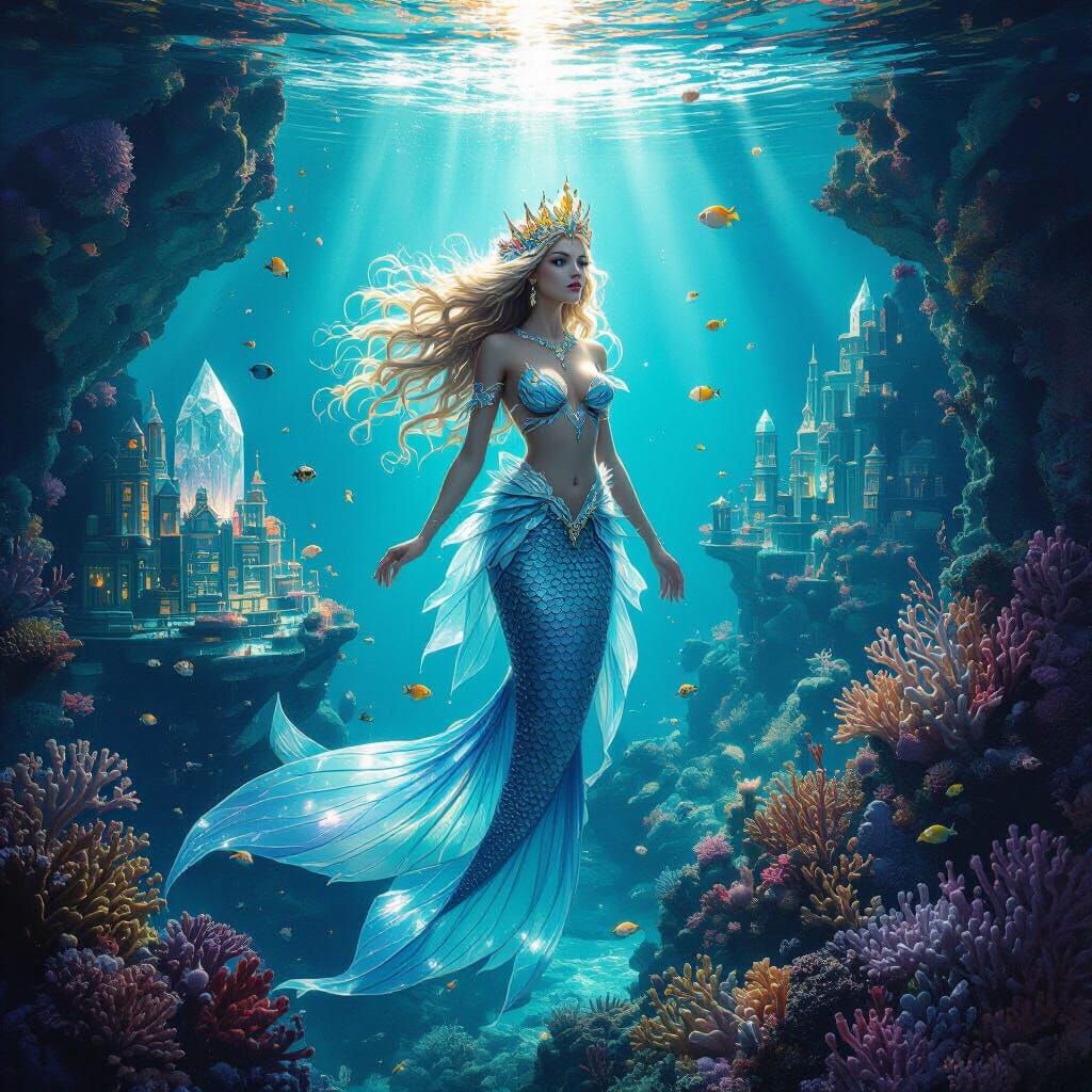 Mermaid Queen Ruling Underwater Crystal City: Fantasy Art