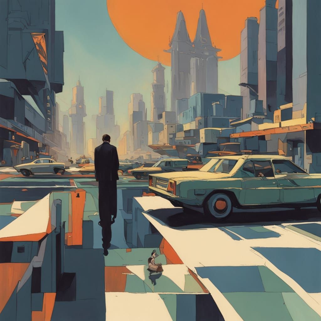 Futuristic Cityscape in Vibrant Cubist Style