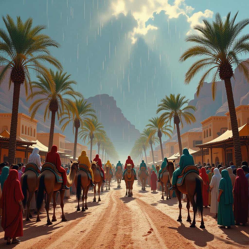 Desert Oasis Celebration in Retro-Futuristic Style