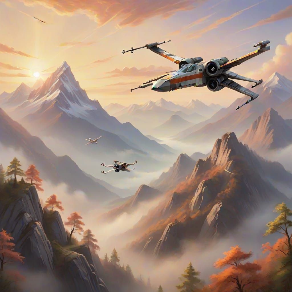 X-Wing Fighter in Serene Mountain Sunrise Painting